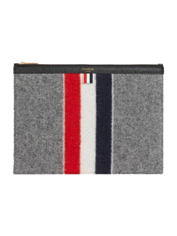 Men's Three Stripes Voile Wool Stripe Zipper Document Holder Clutch Bag Medium Gray - THOM BROWNE - BALAAN.