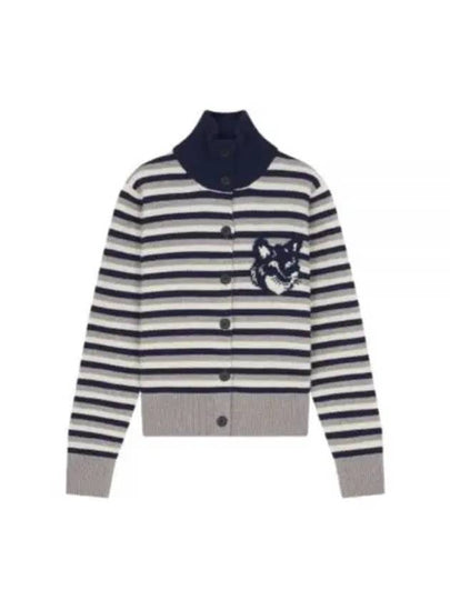 Fox Head Intarsia Striped Regular Cardigan Navy - MAISON KITSUNE - BALAAN 2