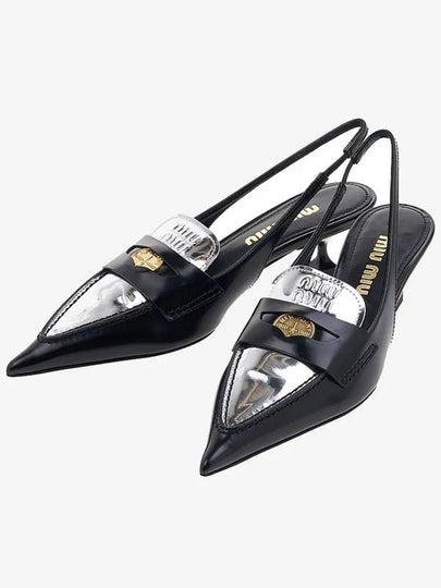 Kitten Penny Leather Loafer Slingback Heel Silver Black - MIU MIU - BALAAN 2