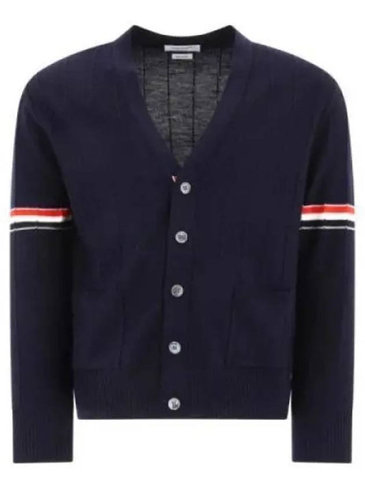 RWB V-neck Striped Virgin Wool Cardigan Navy - THOM BROWNE - BALAAN 2