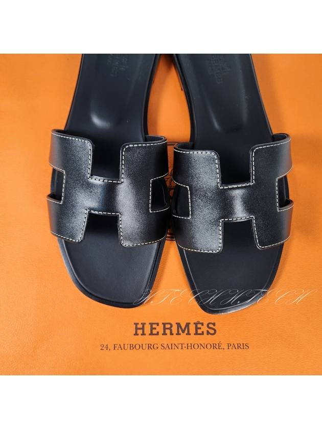 Oran Calfskin Slippers Noir Piqures Ecrues Black - HERMES - BALAAN 5