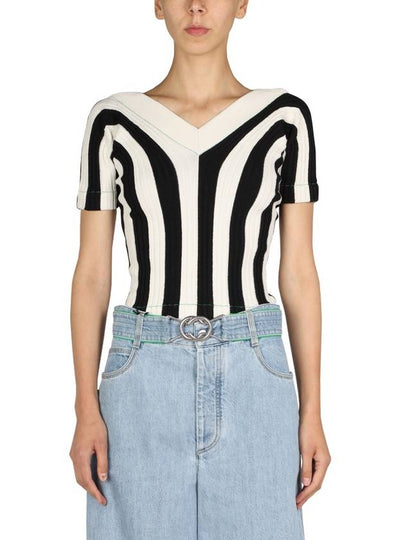 Striped V-neck Short Sleeve Knit Top - BOTTEGA VENETA - BALAAN 2