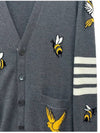 Men's Merino Bird Bee 4 Bar V-Neck Merino Cotton Cardigan Medium Grey - THOM BROWNE - BALAAN 4