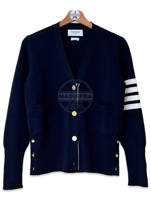 Milano Stitch 4 Bar Classic V Neck Fine Merino Wool Cardigan Navy - THOM BROWNE - BALAAN 2