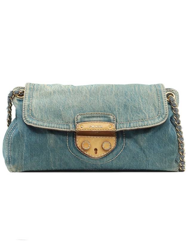 Blue Denim Canapa Logo Flap Shoulder Bag - PRADA - BALAAN 1