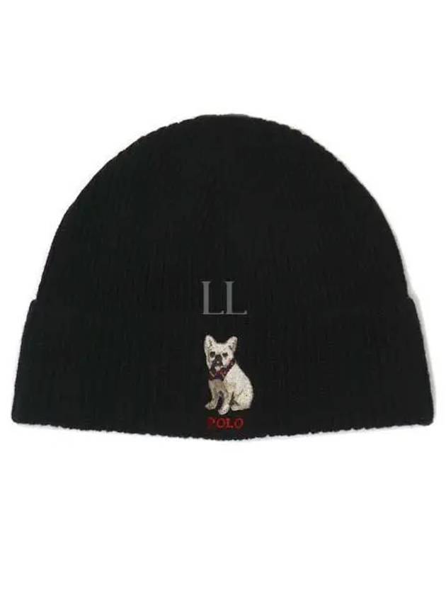 Embroidered French Bulldog Wool Beanie Black - POLO RALPH LAUREN - BALAAN 2