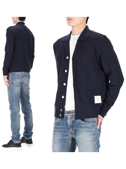 Logo Patch Rib Cardigan Navy - THOM BROWNE - BALAAN 2