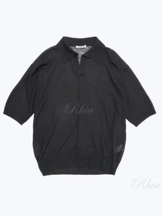 24 Hard Twist High Gauge Wool Silk Knit Skipper Polo Black A24SP02WS Tee - AURALEE - BALAAN 1