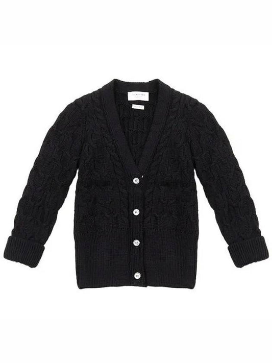 Merino Wool Crisscross Cable Stitch 3/4 Sleeve V-Neck Cardigan Navy - THOM BROWNE - BALAAN 2