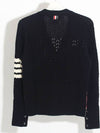 V-Neck Diagonal Pointelle Wool Cardigan Navy - THOM BROWNE - BALAAN 3