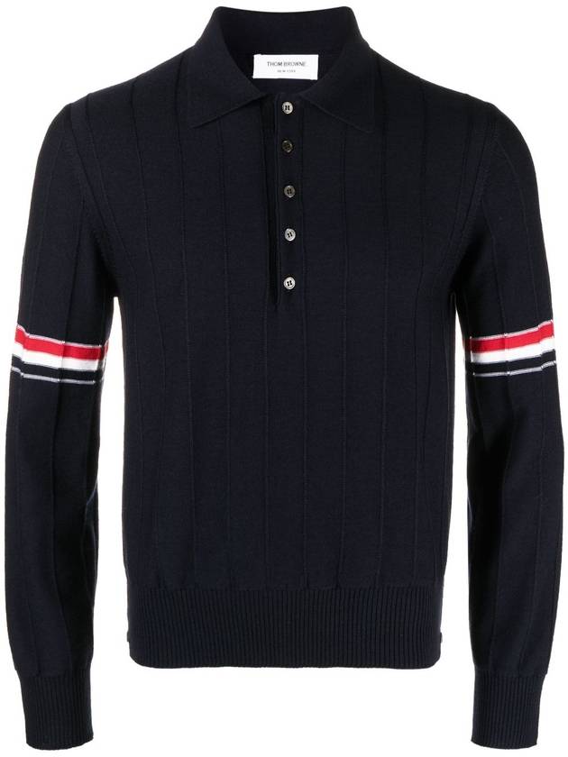 Striped Virgin Wool Long Sleeve Polo Shirt Navy - THOM BROWNE - BALAAN 2