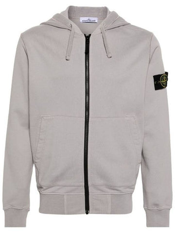 Garment Dyed Cotton Fleece Full Zip Hooded Jacket Light Grey - STONE ISLAND - BALAAN 1