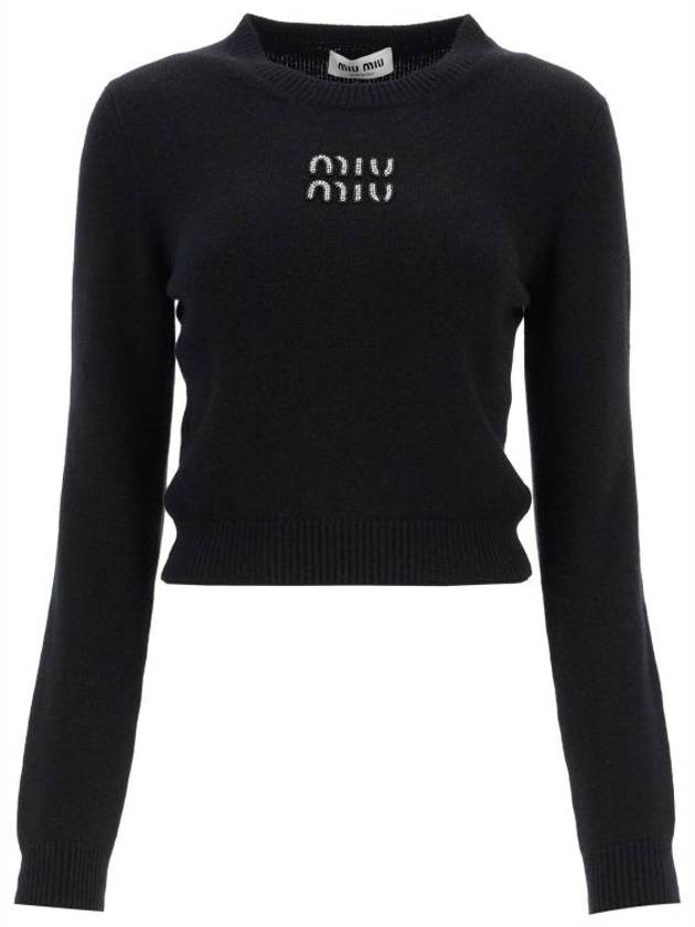 Embroidered Logo Cashmere Knit Top Black - MIU MIU - BALAAN 2