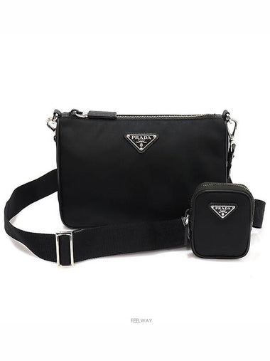 2VH113 Black Tesuto Re Nylon Saffiano Silver Triangle Cross Bag - PRADA - BALAAN 1