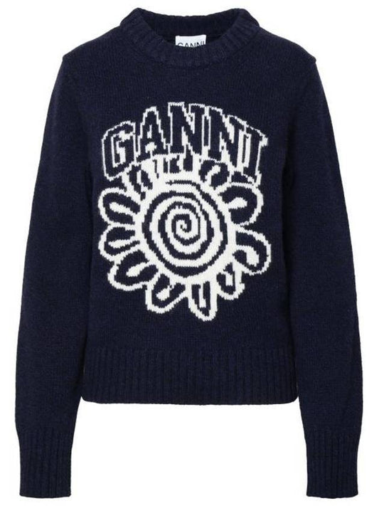 Women's Graphic O-neck Knit Top Sky Capton - GANNI - BALAAN 1