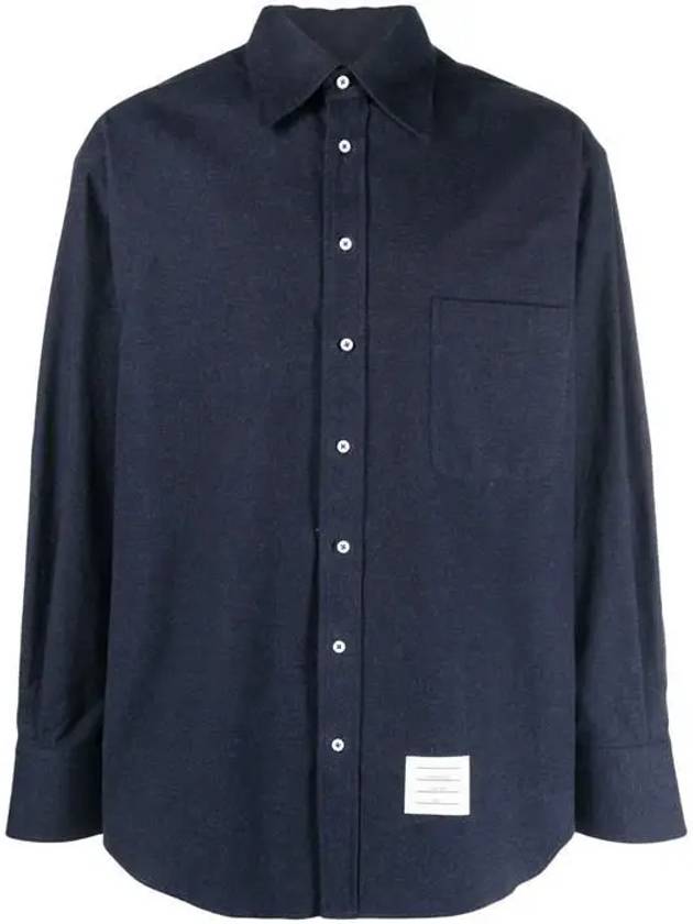 Back Stripe Oversize Cotton Flannel Long Sleeve Shirt Navy - THOM BROWNE - BALAAN 2