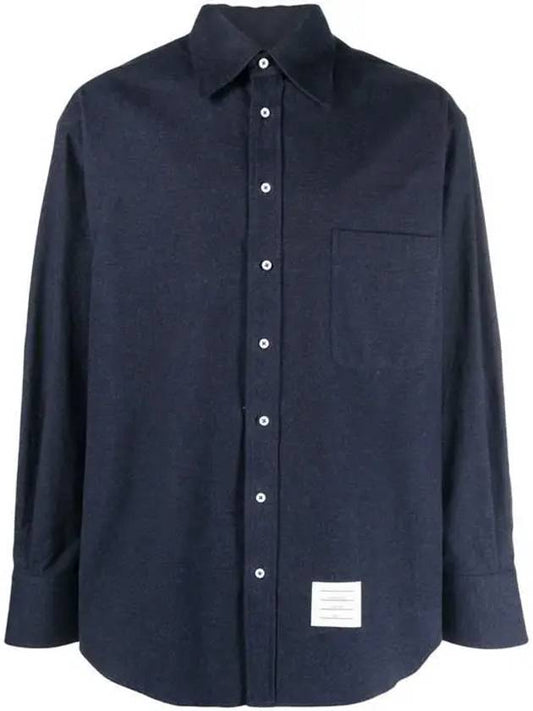 Back Stripe Oversize Cotton Flannel Long Sleeve Shirt Navy - THOM BROWNE - BALAAN 2