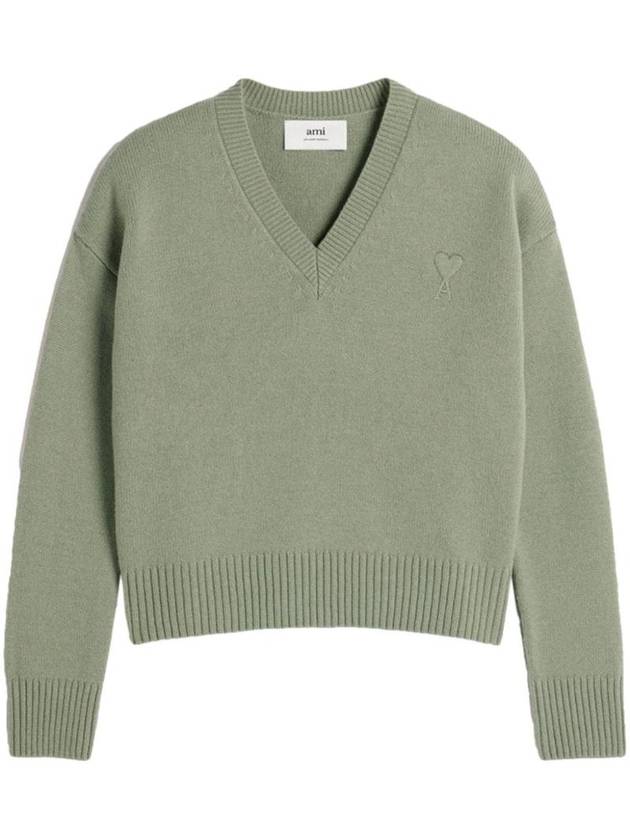 Embossed Logo V Neck Wool Cashmere Knit Top Green Aqua - AMI - BALAAN 1