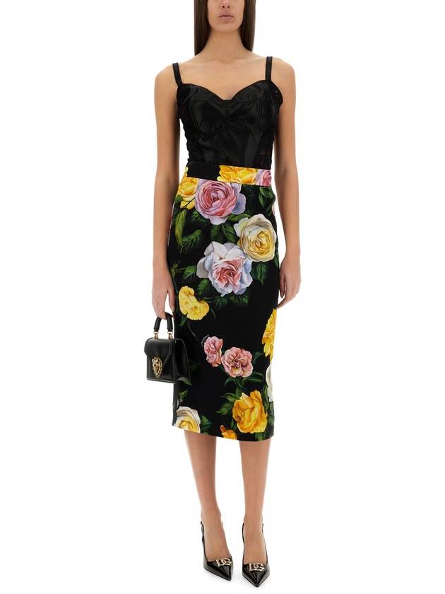 PEONY AND ROSE PRINT CHARMEUSE LONGUETTE SKIRT - DOLCE&GABBANA - BALAAN 2