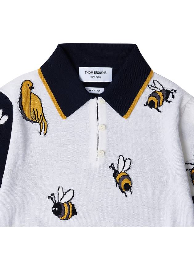 Fun-Mix Cotton Merino Birds and Bees 4-Bar Polo Shirt White - THOM BROWNE - BALAAN 4