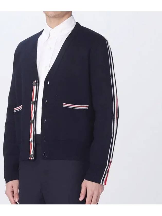 Men's Navy Side Intarsia Milano Stitch Wool Cardigan - THOM BROWNE - BALAAN.