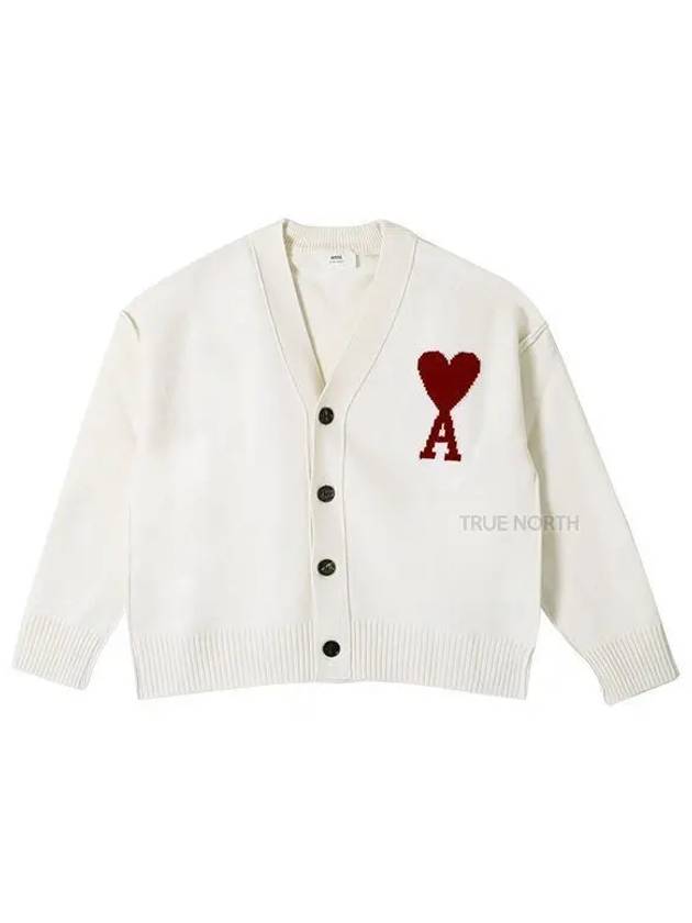 Heart Logo V Neck Wool Cardigan Off White - AMI - BALAAN 2