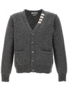 Reverse Jersey Stitch Donegal 4-Bar V-Neck Cardigan Grey - THOM BROWNE - BALAAN 3