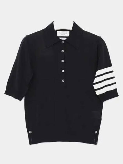 Women's Diagonal Striped Relaxed Fit Wool Polo Shirt Navy - THOM BROWNE - BALAAN 2