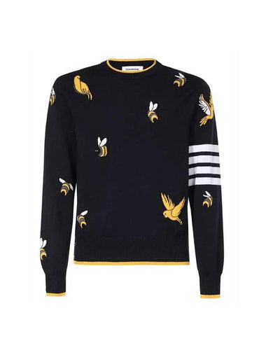 Cotton Merino Birds & Bees Intrasia 4 Bar Crew Neck Pullover Knit Top Navy - THOM BROWNE - BALAAN 1