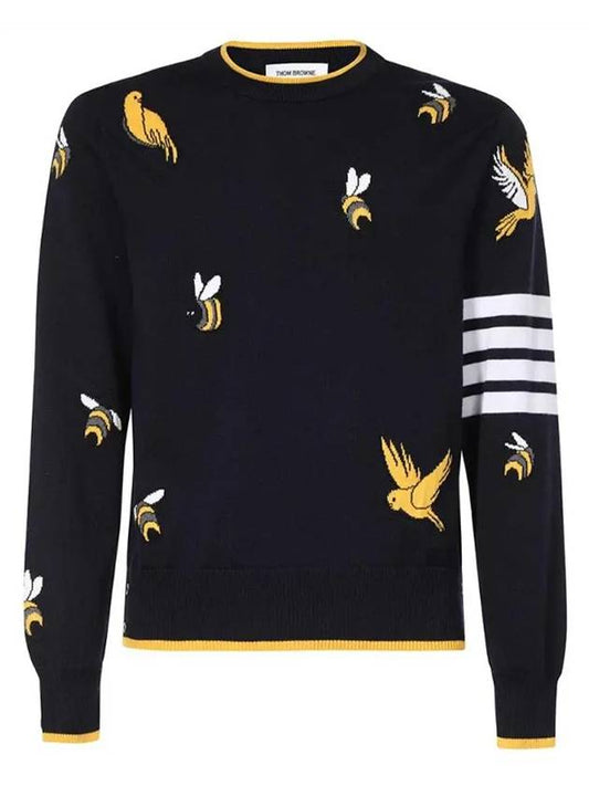 Cotton Merino Birds & Bees Intrasia 4 Bar Crew Neck Pullover Knit Top Navy - THOM BROWNE - 1
