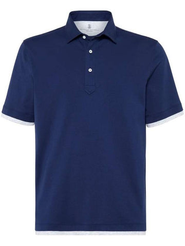 Layered Sleeve Detail Short Sleeve Polo Shirt Blue - BRUNELLO CUCINELLI - BALAAN 1