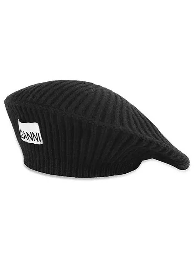 Logo Rib Edge Wool Beret Black - GANNI - BALAAN 5