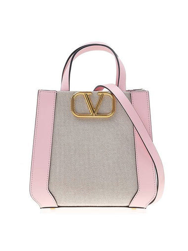 V Logo Signature Leather Tote Bag Pink - VALENTINO - BALAAN 1