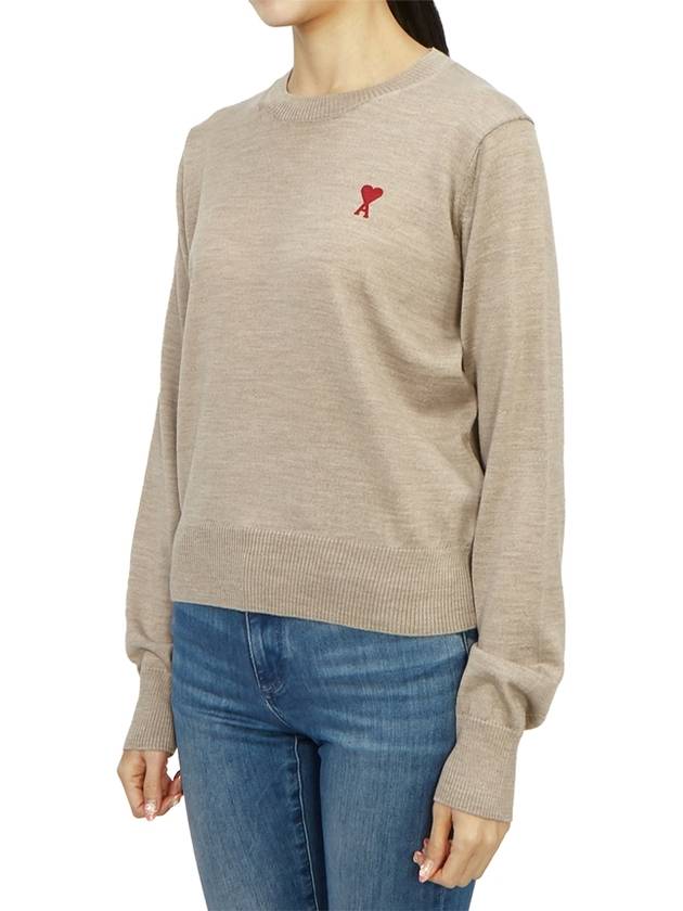 Heart Logo Crew Neck Merino Wool Knit Top Beige - AMI - BALAAN 3