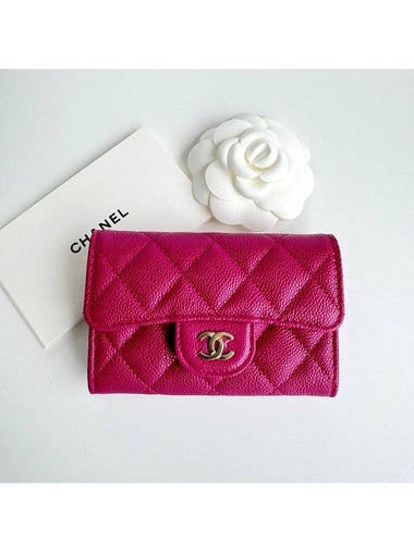 Classic Gold Logo Grained Shiny Calfskin Card Wallet Fuchsia Pink - CHANEL - BALAAN 1