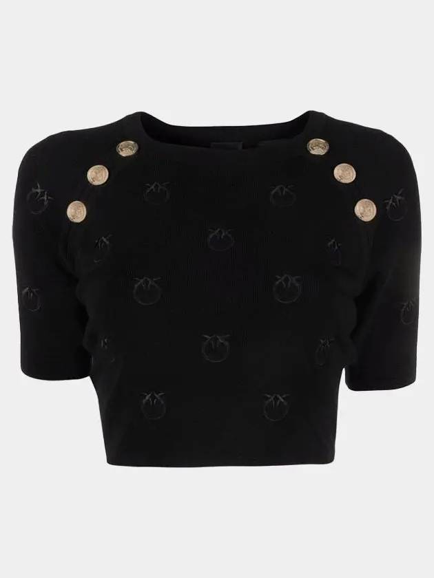 Monogram Gold Button Cropped Viscose Short Sleeve T-Shirt Black - PINKO - BALAAN 2