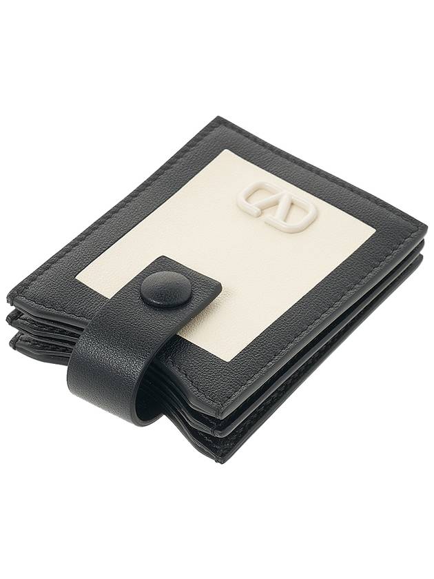 V Logo Signature Leather Card Wallet Black White - VALENTINO - BALAAN 5