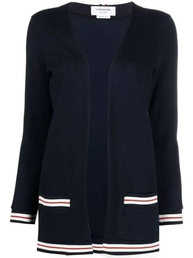 Cricket Stripe Lightweight Textured Cotton V-Neck Cardigan Navy - THOM BROWNE - BALAAN 2