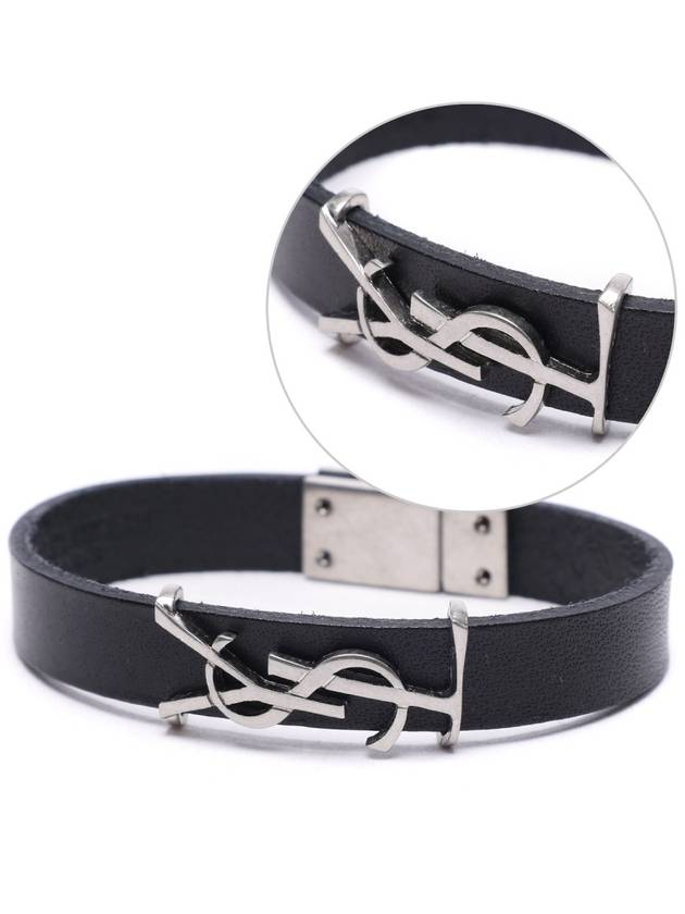 Opyum Silver Logo Leather Bracelet Black - SAINT LAURENT - BALAAN 3