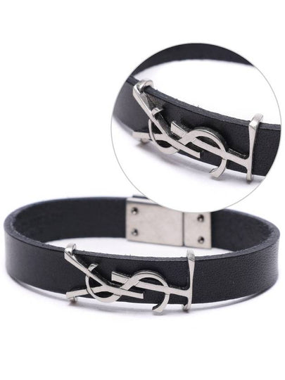 Opyum Silver Logo Leather Bracelet Black - SAINT LAURENT - BALAAN 2