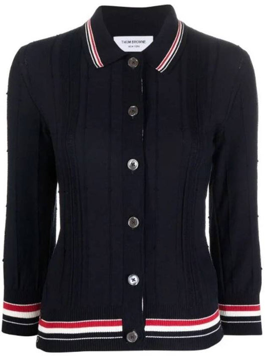 High Twist Cotton Stripe Polo Cardigan Navy - THOM BROWNE - BALAAN.