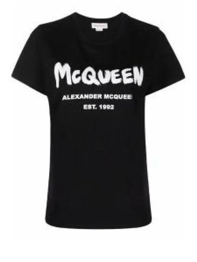 Women's Graffiti Logo Short Sleeve T-Shirt Black - ALEXANDER MCQUEEN - BALAAN 2