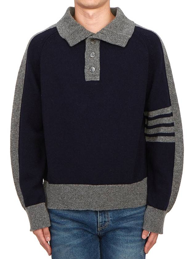 4-Bar Wool Polo Knit Top Navy Grey - THOM BROWNE - BALAAN 4