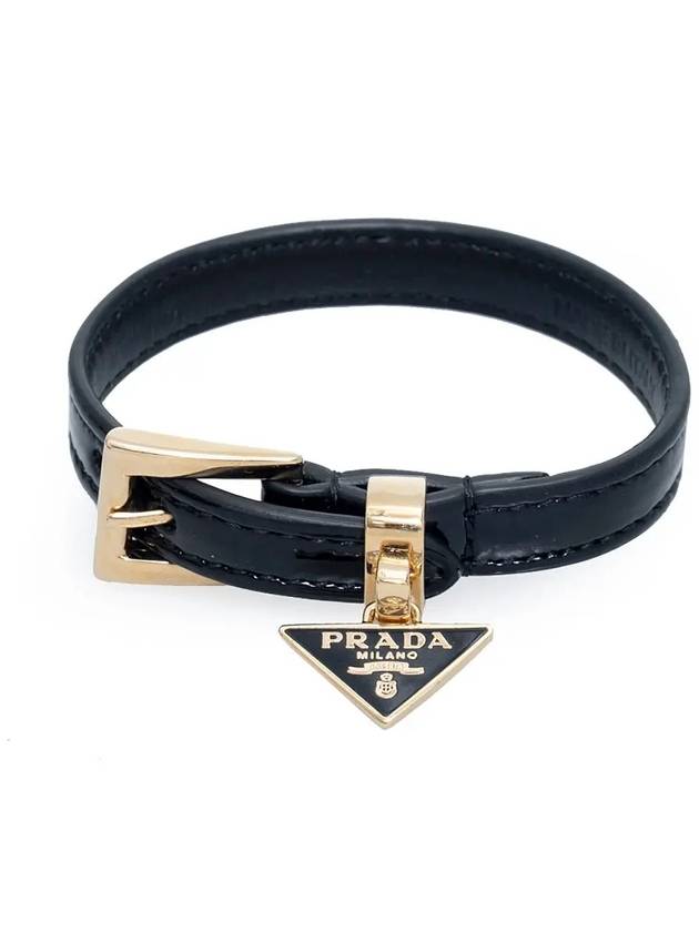 Saffiano Triangular Logo Buckle Leather Bracelet Black - PRADA - BALAAN 3