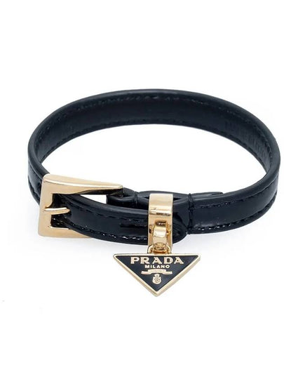 Saffiano Triangular Logo Buckle Leather Bracelet Black - PRADA - BALAAN 2