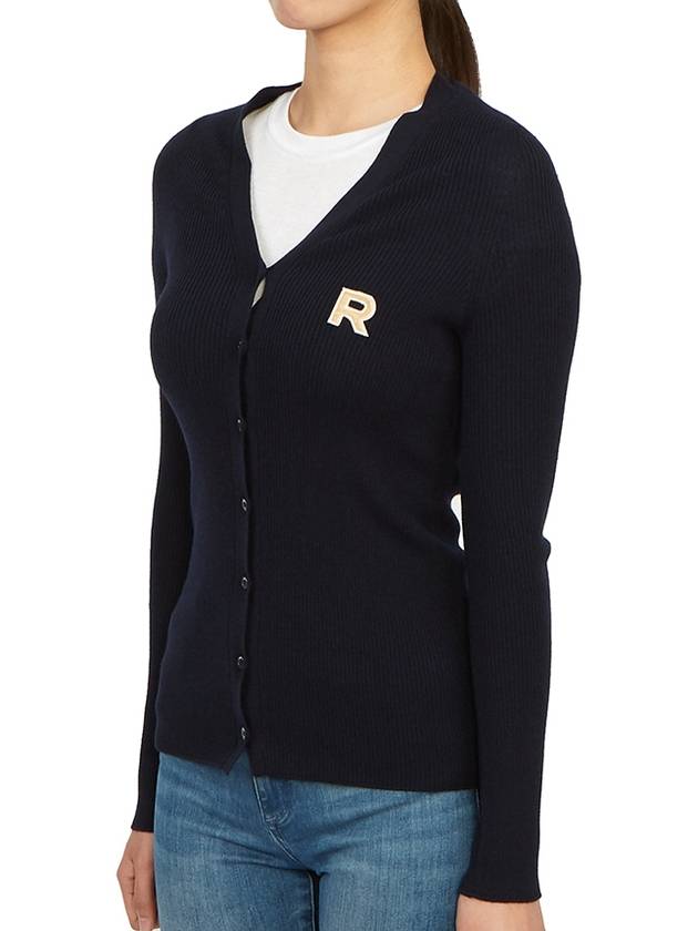 Embroidered logo V neck virgin wool cardigan blue - ROCHAS - BALAAN 5