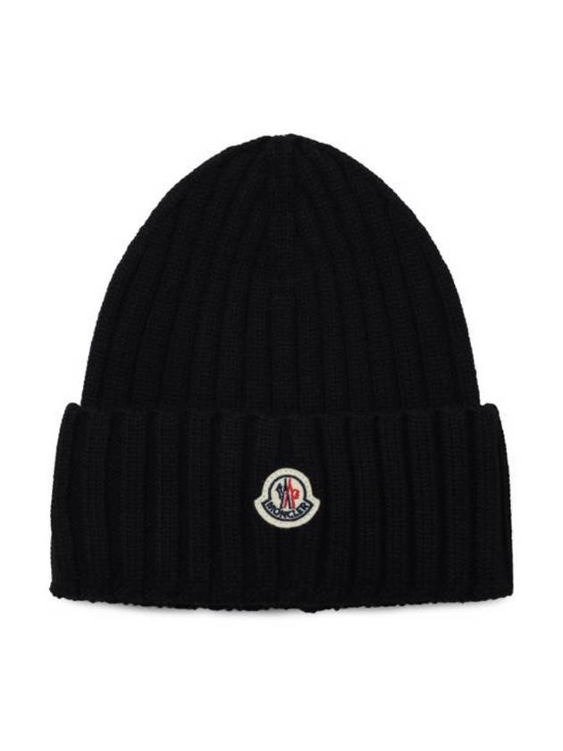 Women s Ribbed Patch Beanie Black 3B00008 A9327 999 - MONCLER - BALAAN 1