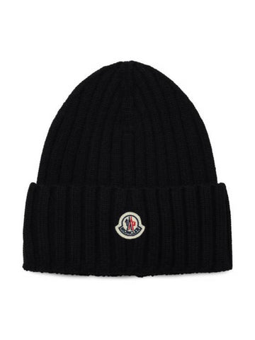 Women s Ribbed Patch Beanie Black 3B00008 A9327 999 - MONCLER - BALAAN 1