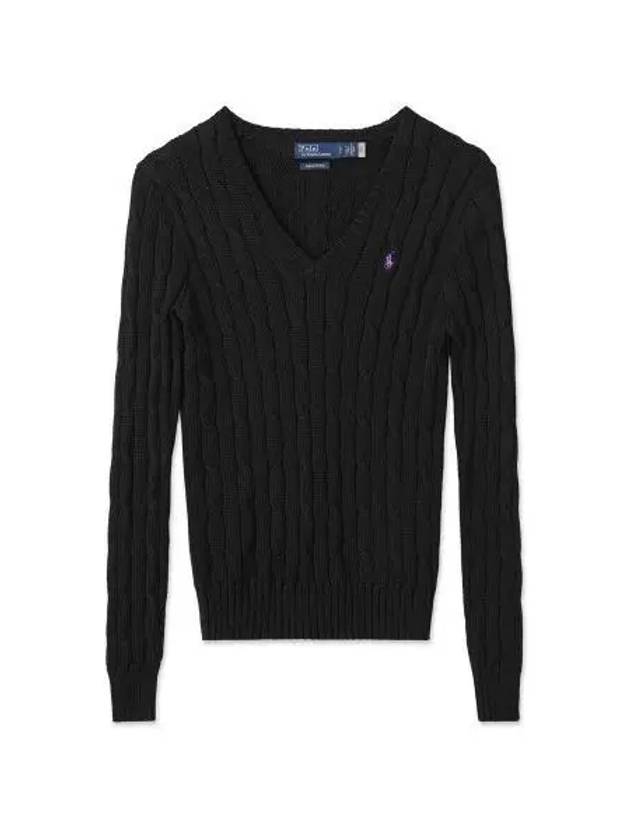 W cable knit cotton V neck sweater black - POLO RALPH LAUREN - BALAAN 1