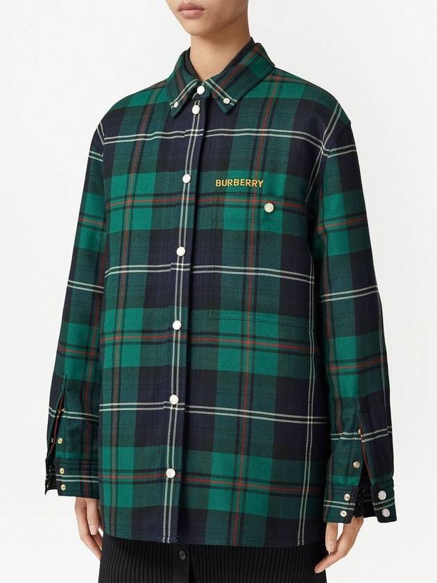 Women's Logo Embroidered Check Wool Overshirt Jacket Dark Green - BURBERRY - BALAAN 3